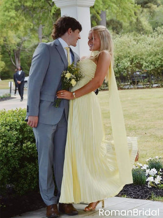 Elegant Yellow Chiffon Pleated Sweetheart Evening Dress Long Formal Gown,OLP2048