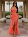 Modern Coral Off Shoulder Prom Dress Ruffle Hem Chiffon Slit Sexy Formal Gown,OLP2076