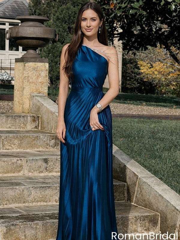 Chic Teal Blue One-Shoulder Satin Formal Gown Sparkly Draped Chains,OLP2105