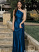 Chic Teal Blue One-Shoulder Satin Formal Gown Sparkly Draped Chains,OLP2105