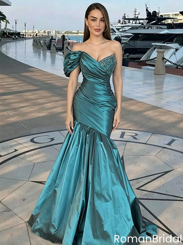 Stunning One-Shoulder Puffy Sleeve Teal Blue Mermaid Prom Dress With Pleats,OLP2216