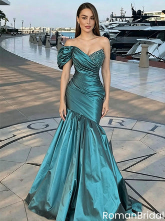 Stunning One-Shoulder Puffy Sleeve Teal Blue Mermaid Prom Dress With Pleats,OLP2216
