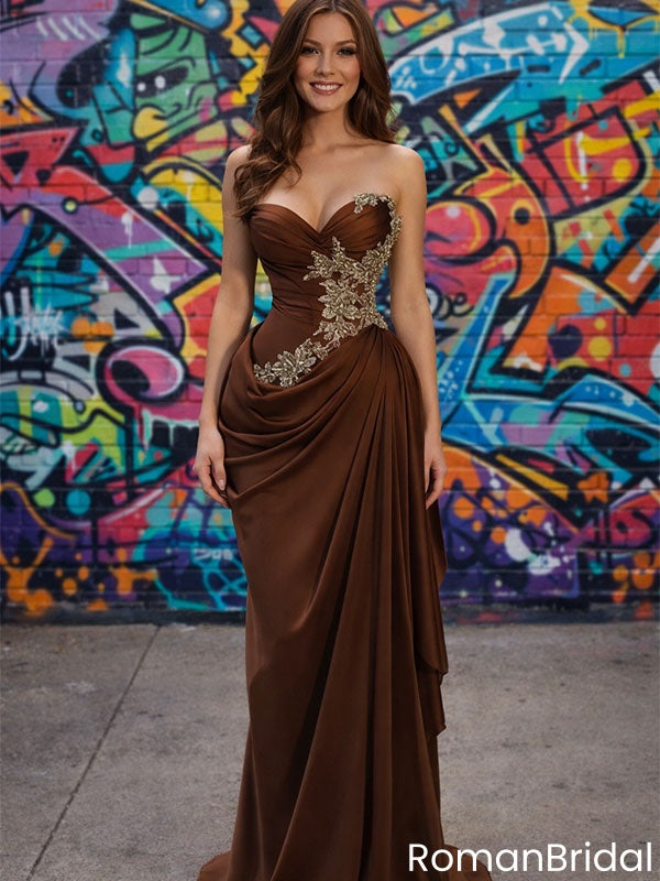Fancy Chocolate Brown Satin Gala Dress Strapless Gold Lace Applique Gown,OLP1910