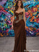 Fancy Chocolate Brown Satin Gala Dress Strapless Gold Lace Applique Gown,OLP1910