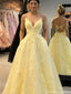 Unique Yellow Lace Ball Gown Prom Dress Pretty V-Neck Spaghetti Strap Puffy Party Dress,OLP1746