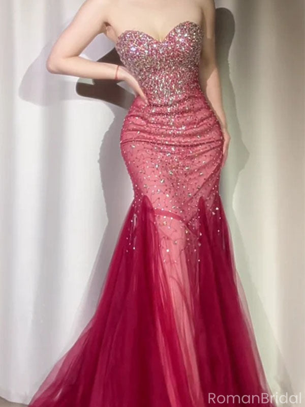 Sparkly Red Sweetheart Mermaid Long Prom Dress Ideas, Evening Party Dresses, OLP1668