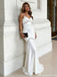 Classy White V-Neck Satin Prom Dress Lace Inset Slender Mermaid Gown,OLP1805