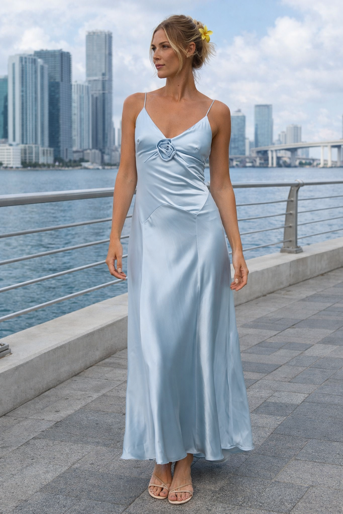 Classy Blue Silk Satin Slip Prom Dress V-Neck Spaghetti Strap Formal Gown,OLP1796