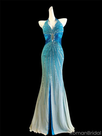 Unique Blue V-Neck Mermaid Long Prom Dress Ideas, Evening Party Dresses, OLP1540