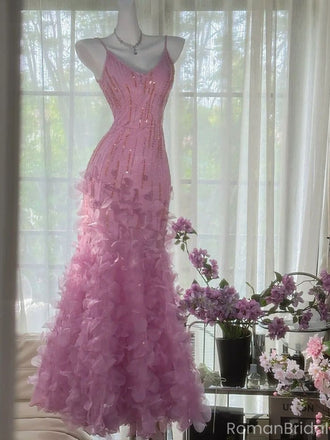Elegant Pink Spaghetti Strap Mermaid Floral Long Prom Dress Ideas, Evening Party Dresses, OLP1278