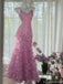Elegant Pink Spaghetti Strap Mermaid Floral Long Prom Dress Ideas, Evening Party Dresses, OLP1278