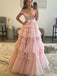 Fancy Tiered Ruffle Tulle Ball Gown Prom Dress with Beaded Off-Shoulder Top,OLP1811