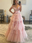 Fancy Tiered Ruffle Tulle Ball Gown Prom Dress with Beaded Off-Shoulder Top,OLP1811