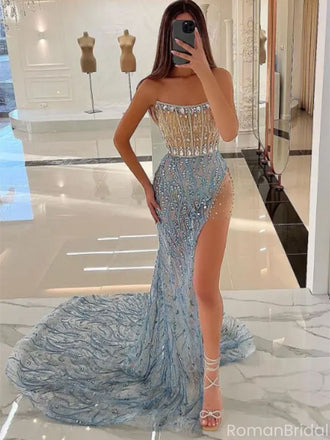Sparkly Blue Sweetheart Mermaid Side Slit Long Prom Dress Ideas, Evening Party Dresses, OLP1531