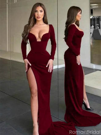 Sexy Red Long Sleeve Mermaid Side Slit Long Prom Dress Ideas, Evening Party Dresses , OLP1213