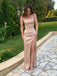 Classy Champagne Satin Prom Dress Sexy Spaghetti Strap High Slit Ruched Formal Gown,OLP1719