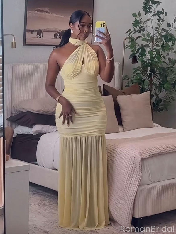 Unique Yellow High Neck Mermaid  Long Prom Dress Ideas, Evening Party Dresses, OLP1448