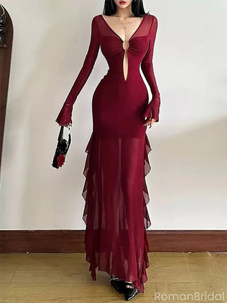 Sexy Red V-Neck Long Sleeve Mermaid Long Prom Dress Ideas, Evening Party Dresses, OLP1309