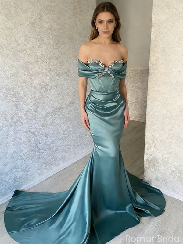 Modern Teal Green Satin Prom Gown Off the Shoulder Crystal Beaded Mermaid Formal Dress,OLP1740