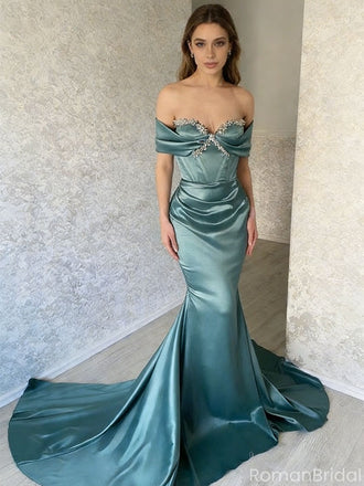 Modern Teal Green Satin Prom Gown Off the Shoulder Crystal Beaded Mermaid Formal Dress,OLP1740