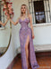 Fancy Lavender Sequin Prom Dress Sweetheart Neck Sleeveless Slit Sparkly Bodycon Gown, OLP1701