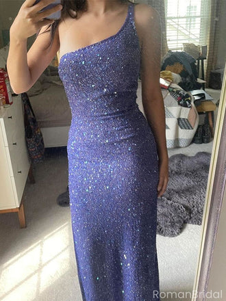 Shiny Blue One-Shoulder Mermaid Long Prom Dress Ideas, Evening Party Dresses, OLP1362