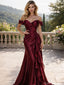 Elegant Burgundy Off Shoulder Satin Shimmer Prom Dress with Ruffled Slit,OLP1775