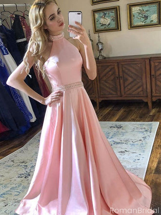 Elegant Pink High-Neck A-Line Long Prom Dress Ideas, Evening Party Dresses, OLP1491