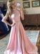 Elegant Pink High-Neck A-Line Long Prom Dress Ideas, Evening Party Dresses, OLP1491