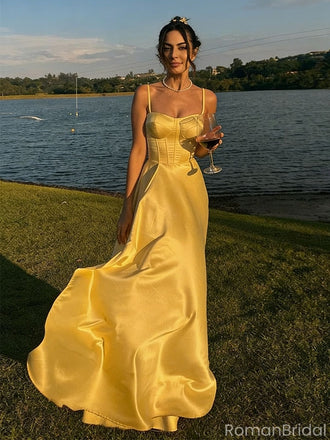 Classy Yellow Satin Prom Dress Sleeveless Corset Bodice A-Line Formal Gown,OLP1781