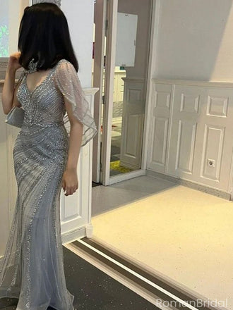 Shiny Blue V-Neck Mermaid Long Prom Dress Ideas, Evening Party Dresses, OLP1349