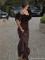 Elegant Brown Off-Shoulder Mermaid Floral Long Prom Dress Ideas, Evening Party Dresses, OLP1387