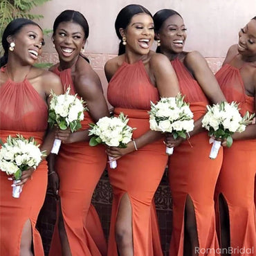 Sexy Orange Lace Halter Sleeveless Mermaid Long Bridesmaid Dresses Online, BG889
