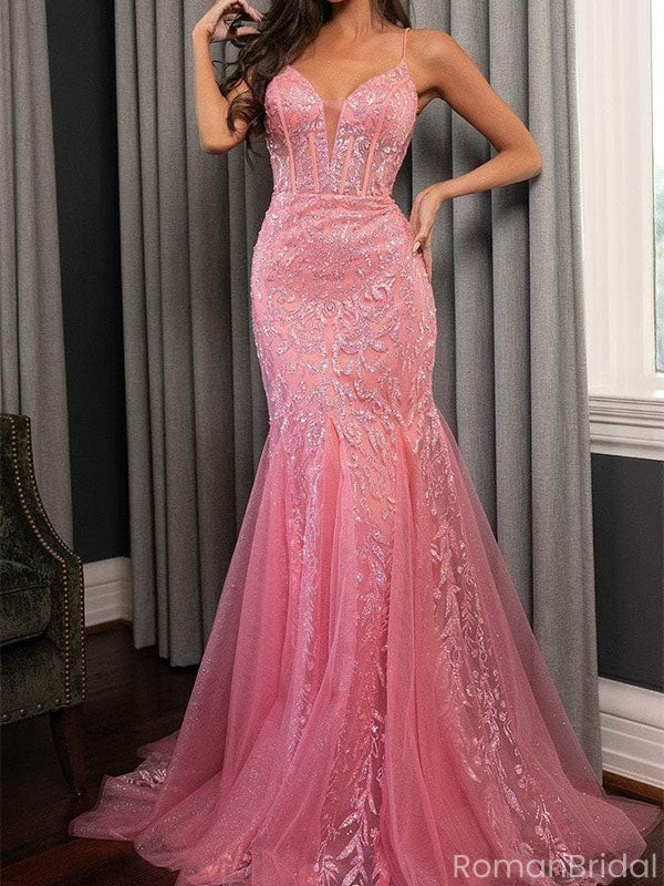 Classy Rose Pink Sequin Prom Gown V-Neck Sparkly Mermaid Formal Wear,OLP1790