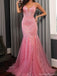 Classy Rose Pink Sequin Prom Gown V-Neck Sparkly Mermaid Formal Wear,OLP1790