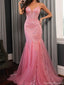 Classy Rose Pink Sequin Prom Gown V-Neck Sparkly Mermaid Formal Wear,OLP1790