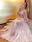 Elegant Pink Long Sleeve A-Line Long Prom Dress Ideas, Evening Party Dresses, OLP1640
