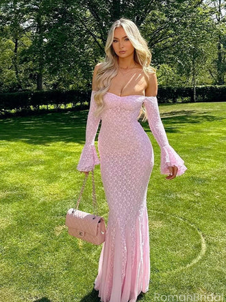 Sexy Pink Off-the-Shoulder Lace Prom Dress with Long Bell Sleeves Mermaid Gown,OLP1839