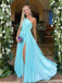 Elegant Blue One-Shoulder Mermaid Side Slit Long Prom Dress Ideas, Evening Party Dresses, OLP1475