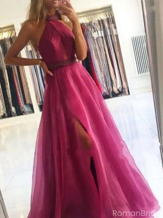 Sexy Pink High-Neck A-Line Side Slit Long Prom Dress Ideas, Evening Party Dresses, OLP1286