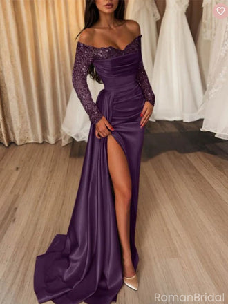 Sexy Purple Sweetheart Lace Long Sleeve Mermaid Long Prom Dress Ideas, Evening Party Dresses , OLP1204
