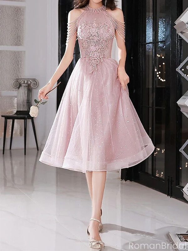 Sparkly Applique Pink Halter A-Line Long Prom Dress Ideas, Evening Party Dresses, OLP1562