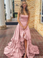 Pretty Rose Pink Spaghetti Strap Satin High Low Prom Dress with Tiered Ruffles,OLP1756