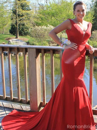 Sexy Red V-Neck Mermaid Long Prom Dress Ideas, Evening Party Dresses, OLP1462