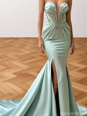 Elegant Green Sweetheart Sleeveless Mermaid Side Slit Long Prom Dress Ideas, Evening Party Dresses ,OLP1192