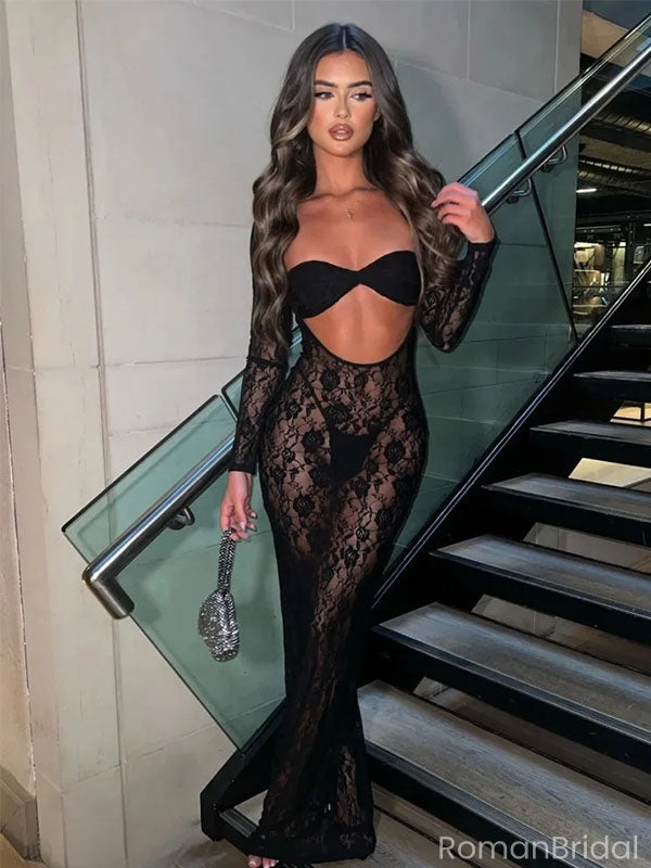 Sexy Black Lace Long Sleeve Mermaid Long Prom Dress Ideas, Evening Party Dresses, OLP1587
