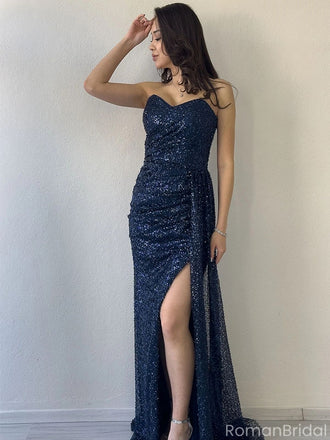 Shiny Blue Sweetheart Mermaid Side Slit Long Prom Dress Ideas, Evening Party Dresses , OLP1222