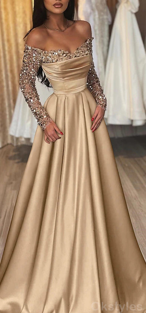 Elegant Mermaid Long Sleeves Sequins Long Champagne Prom Dresses with Side Slit, OL712