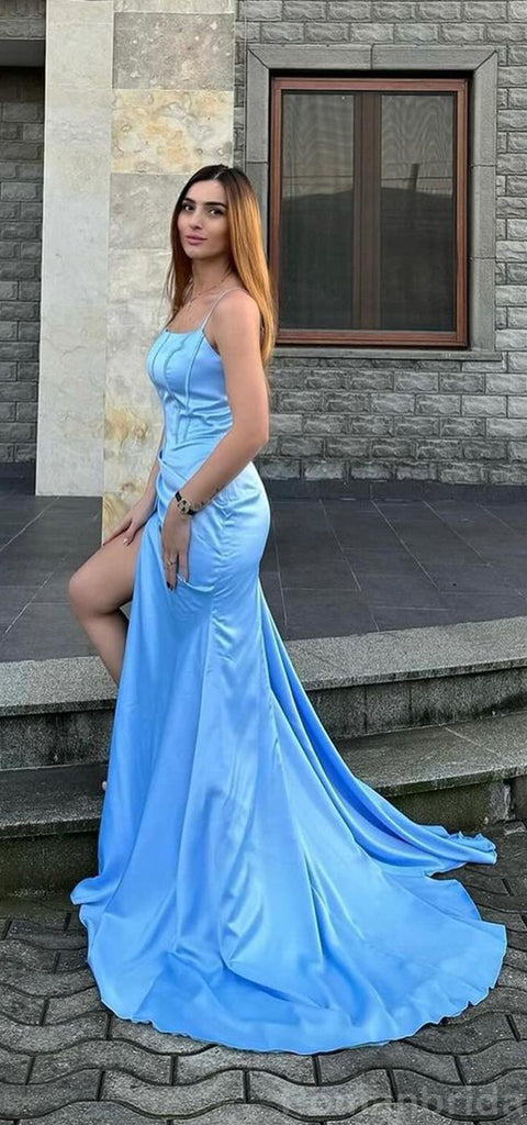 Elegant Spaghetti Straps Mermaid Sleeveless Side Slit Blue Satin Bridesmaid Dresses Online, BG462