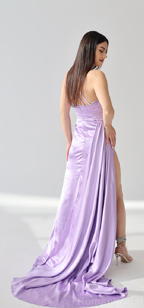 Elegant Halter Lilac Mermaid Side Slit Long Bridesmaid Dresses Online, BG427